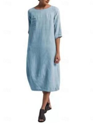 Casual Regular Fit Plain Crew Neck Short Sleeve Midi Dress - Image 5