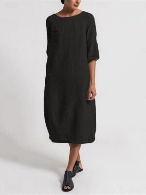 Casual Regular Fit Plain Crew Neck Short Sleeve Midi Dress - Image 6