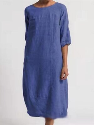 Casual Regular Fit Plain Crew Neck Short Sleeve Midi Dress - Image 7
