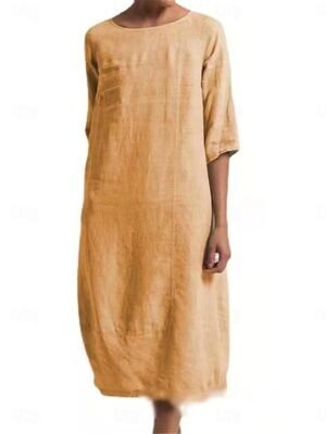 Casual Regular Fit Plain Crew Neck Short Sleeve Midi Dress - Image 8