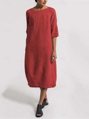 Casual Regular Fit Plain Crew Neck Short Sleeve Midi Dress - Image 9