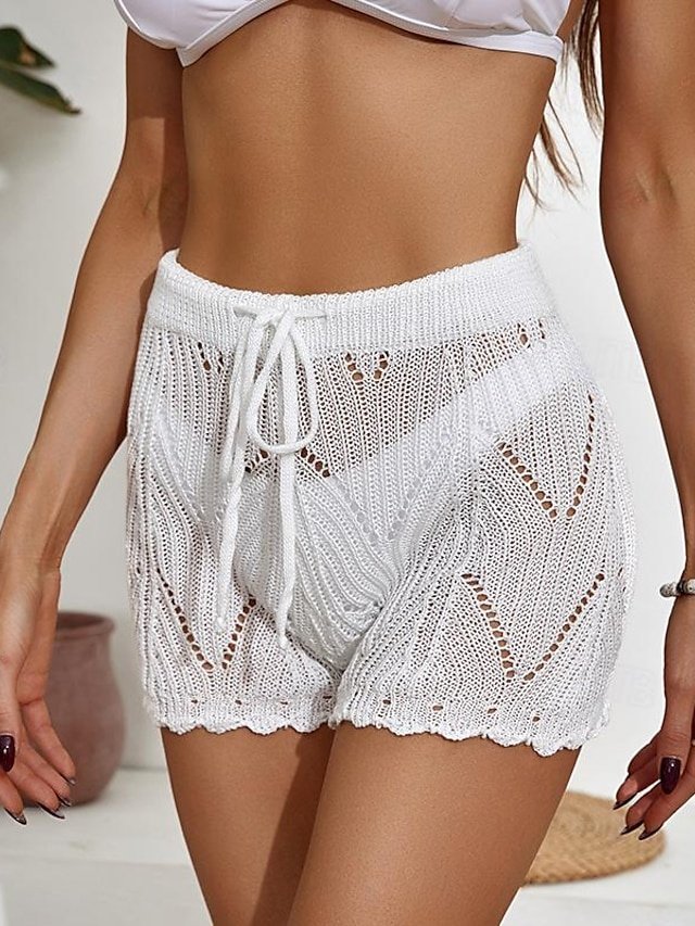 Casual Regular Fit Plain Drawstring Cut Out Crochet Shorts - Image 1