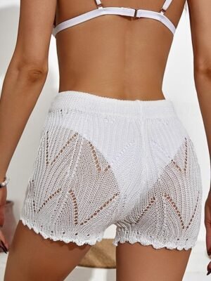 Casual Regular Fit Plain Drawstring Cut Out Crochet Shorts - Image 3