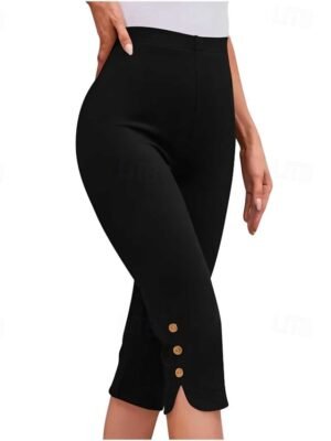 Casual Regular Fit Plain Elastic Waist Calf-Length Leggings - Image 1