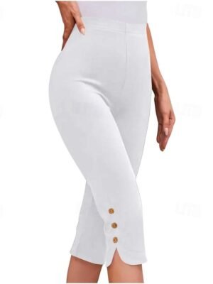 Casual Regular Fit Plain Elastic Waist Calf-Length Leggings - Image 13