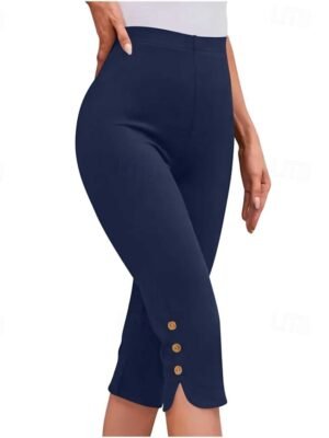Casual Regular Fit Plain Elastic Waist Calf-Length Leggings - Image 15