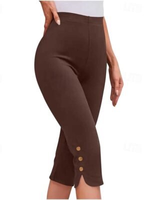 Casual Regular Fit Plain Elastic Waist Calf-Length Leggings - Image 19