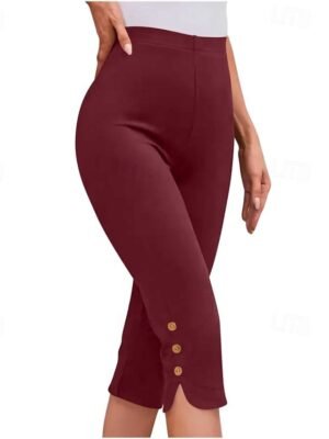 Casual Regular Fit Plain Elastic Waist Calf-Length Leggings - Image 5