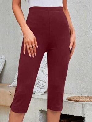 Casual Regular Fit Plain Elastic Waist Calf-Length Leggings - Image 6