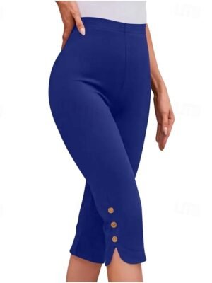 Casual Regular Fit Plain Elastic Waist Calf-Length Leggings - Image 9