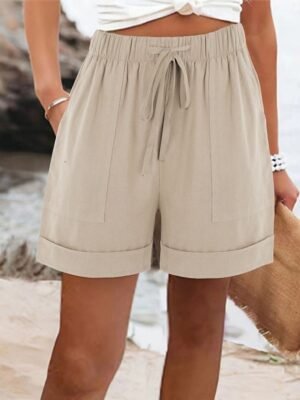 Casual Regular Fit Plain High Waist Pocket Shorts - Image 1