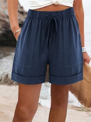 Casual Regular Fit Plain High Waist Pocket Shorts - Image 8