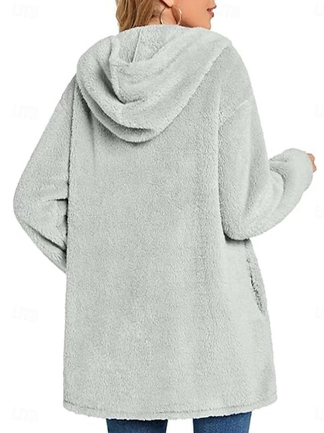 Casual Regular Fit Plain Hoodie Long Sleeve Fleece Coat - Image 2