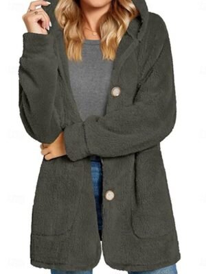 Casual Regular Fit Plain Hoodie Long Sleeve Fleece Coat - Image 5