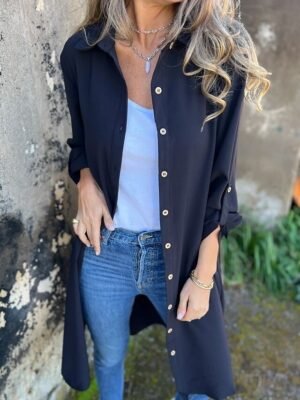 Casual Regular Fit Plain Lapel Long Sleeve Long Jacket - Image 7