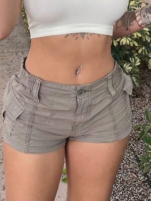 Casual Regular Fit Plain Mid Waist Multiple Pockets Comfort Micro-elastic Grey Shorts - Image 1