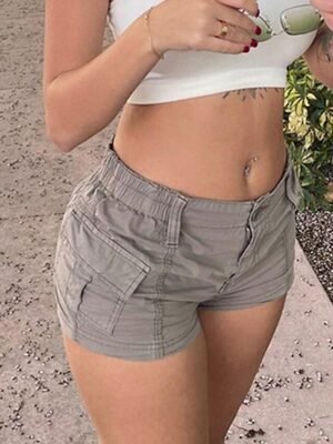 Casual Regular Fit Plain Mid Waist Multiple Pockets Comfort Micro-elastic Grey Shorts - Image 5