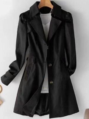 Casual Regular Fit Plain Notch Lapel Long Sleeve Long Trench Coat - Image 1