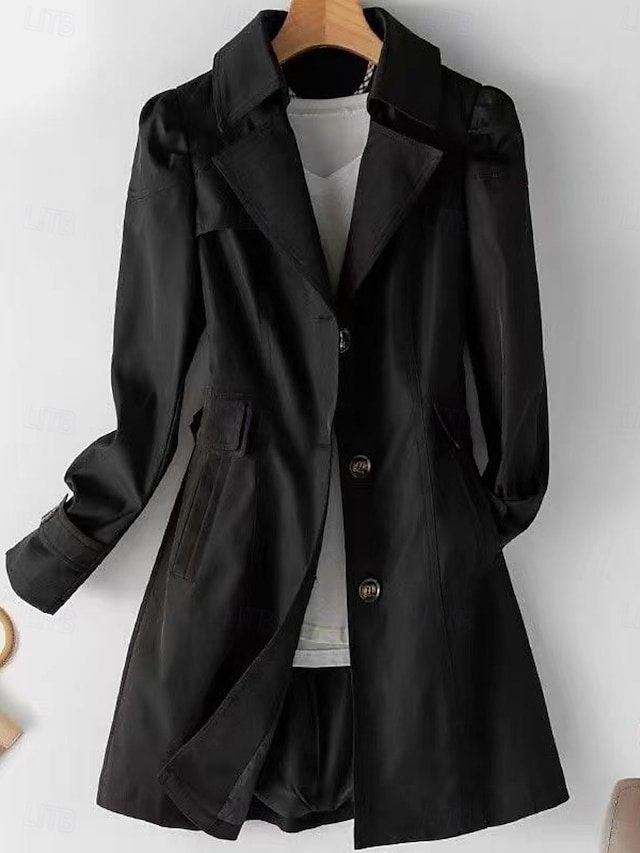 Casual Regular Fit Plain Notch Lapel Long Sleeve Long Trench Coat - Image 1