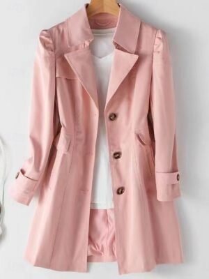 Casual Regular Fit Plain Notch Lapel Long Sleeve Long Trench Coat - Image 3
