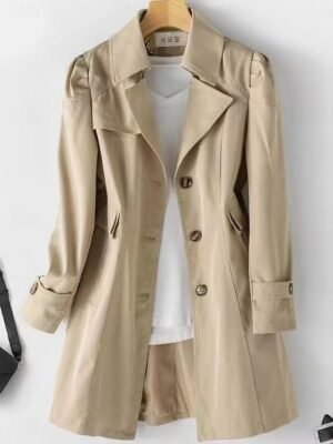 Casual Regular Fit Plain Notch Lapel Long Sleeve Long Trench Coat - Image 4