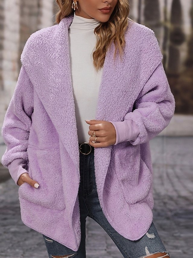Casual Regular Fit Plain Open Front Long Sleeve Fleece Jacket - Image 1