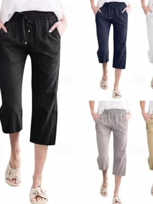 Casual Regular Fit Plain Pocket Elastic Waist Calf-Length Capri Pants - Image 1
