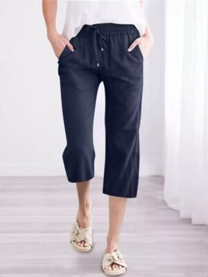 Casual Regular Fit Plain Pocket Elastic Waist Calf-Length Capri Pants - Image 2