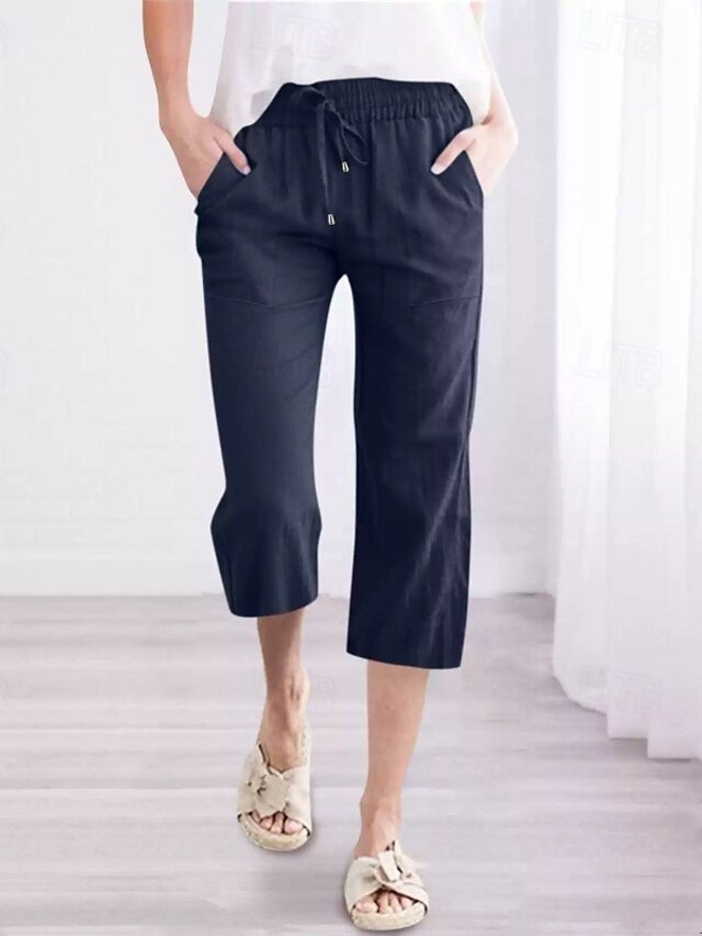 Casual Regular Fit Plain Pocket Elastic Waist Calf-Length Capri Pants - Image 2