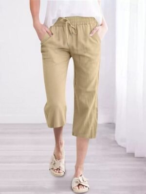 Casual Regular Fit Plain Pocket Elastic Waist Calf-Length Capri Pants - Image 3