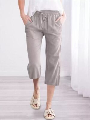 Casual Regular Fit Plain Pocket Elastic Waist Calf-Length Capri Pants - Image 5