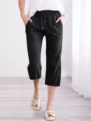 Casual Regular Fit Plain Pocket Elastic Waist Calf-Length Capri Pants - Image 6