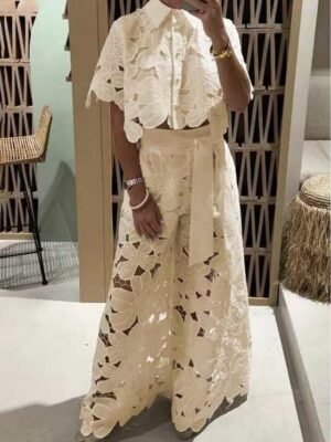 Casual Regular Fit Plain Shirt Collar Short Sleeve Lace Two Piece Set - Image 1