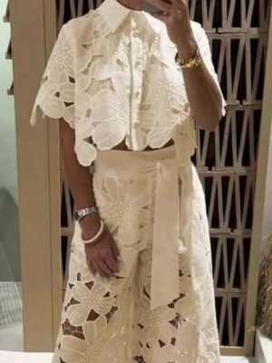 Casual Regular Fit Plain Shirt Collar Short Sleeve Lace Two Piece Set - Image 2