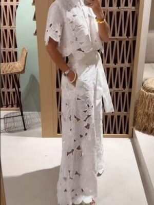 Casual Regular Fit Plain Shirt Collar Short Sleeve Lace Two Piece Set - Image 4