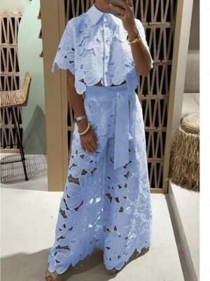 Casual Regular Fit Plain Shirt Collar Short Sleeve Lace Two Piece Set - Image 5