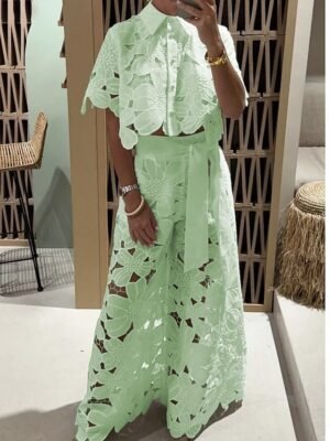 Casual Regular Fit Plain Shirt Collar Short Sleeve Lace Two Piece Set - Image 6