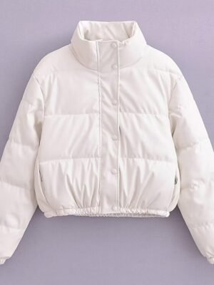 Casual Regular Fit Plain Stand Collar Long Sleeve Short Puffer Jacket - Image 11