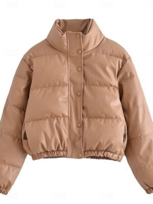 Casual Regular Fit Plain Stand Collar Long Sleeve Short Puffer Jacket - Image 12