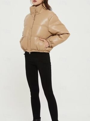 Casual Regular Fit Plain Stand Collar Long Sleeve Short Puffer Jacket - Image 13