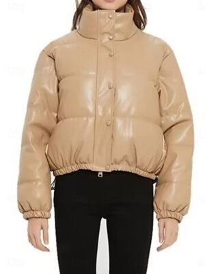 Casual Regular Fit Plain Stand Collar Long Sleeve Short Puffer Jacket - Image 14