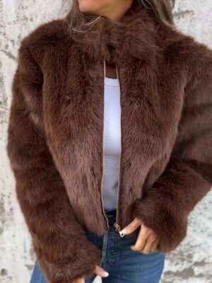 Casual Regular Fit Plain Stand Collar Long Sleeve Short Faux Fur Coat - Image 4