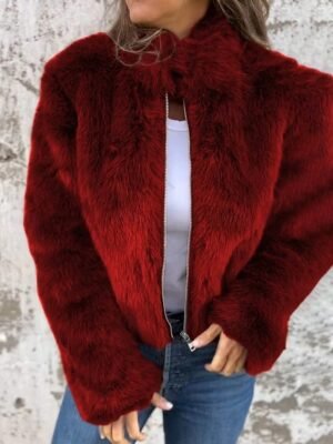 Casual Regular Fit Plain Stand Collar Long Sleeve Short Faux Fur Coat - Image 6