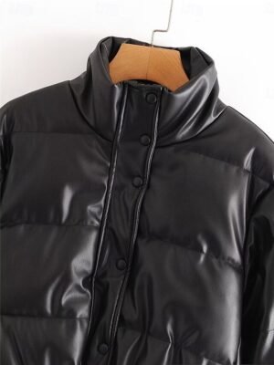 Casual Regular Fit Plain Stand Collar Long Sleeve Short Puffer Jacket - Image 9