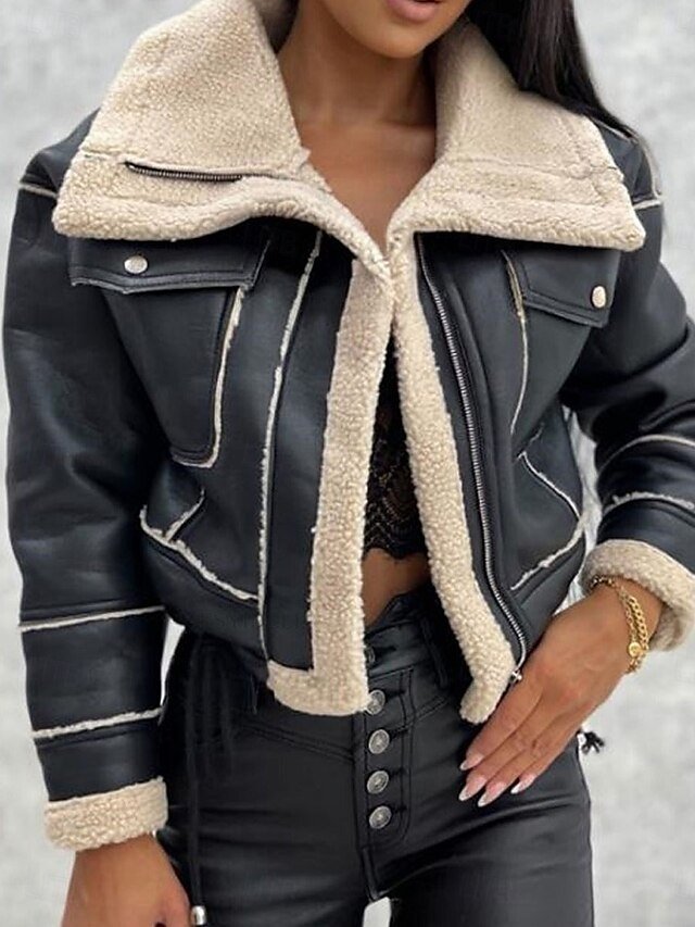Casual Regular Fit Plain Turndown Long Sleeve Short Faux Leather Jacket - Image 1
