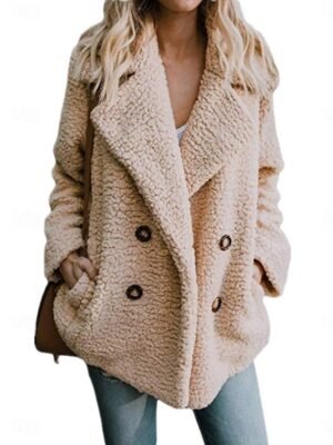 Casual Regular Fit Plain Turndown Long Sleeve Teddy Coat - Image 1
