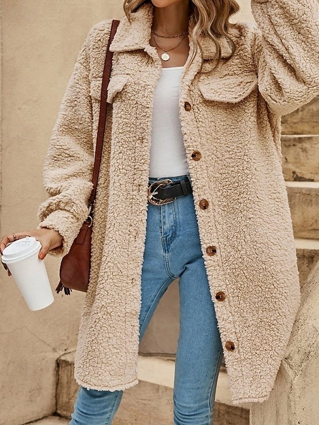 Casual Regular Fit Plain Turndown Long Sleeve Long Coat - Image 1
