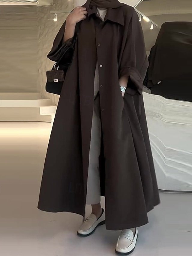Casual Regular Fit Plain Turndown Long Sleeve Long Coat - Image 1
