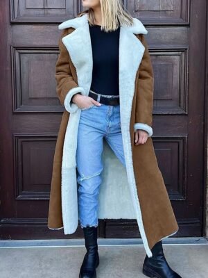 Casual Regular Fit Plain Turndown Long Sleeve Long Teddy Coat - Image 1