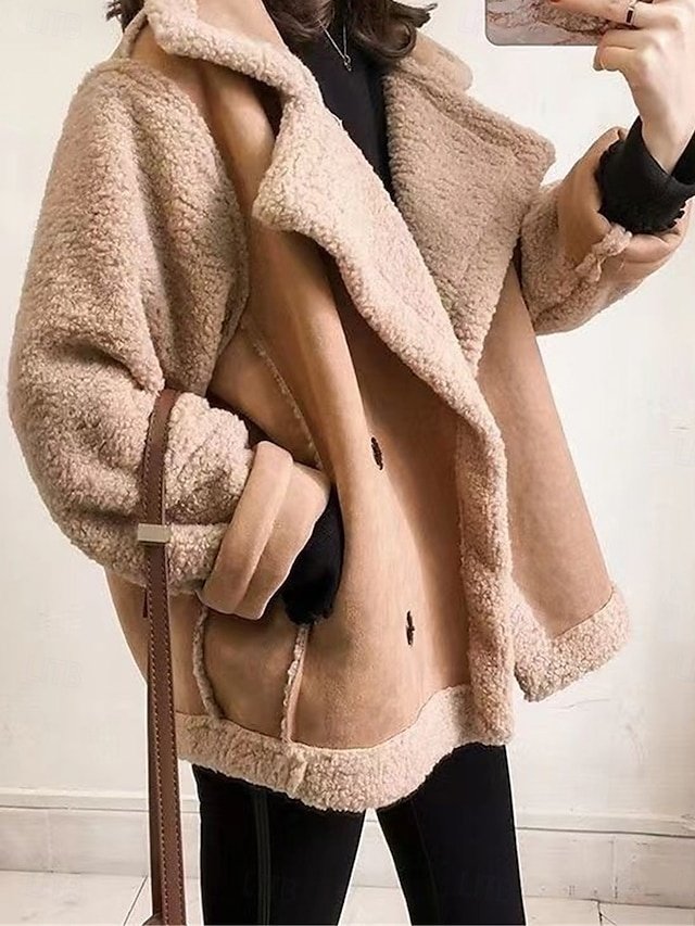 Casual Regular Fit Plain Turndown Long Sleeve Fleece Jacket - Image 1